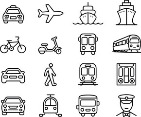 Transport icon set, taxi airplane ship bicycle scooter train metro bus walking person captain driver symbols, travel transportation collection, flat vector illustration