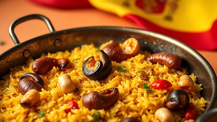 Copper pan showcasing vibrant paella with saffron rice, seafood, and peppers against terracotta hues.
