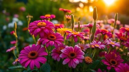 Dew-covered floral arrangement in English garden