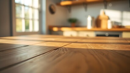 A wooden kitchen table bathed in warm morning sunlight, creating a serene and inviting atmosphere.