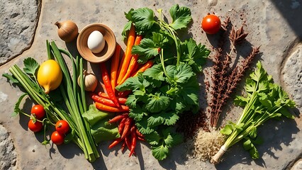 A vibrant arrangement of fresh Asian ingredients on a stone surface, showcasing natural colors.