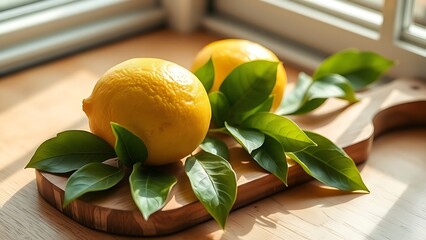 Fresh lemon with green leaves on wood, a vibrant still life with natural light and soft shadows.