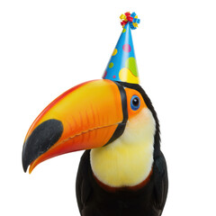 Obraz premium A toucan bird in a party hat, ready to celebrate a birthday.