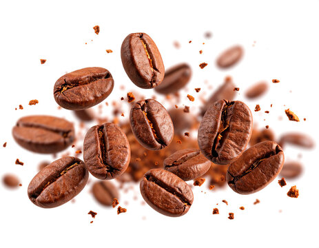 Explosi&oacute;n de granos de caf&eacute; arabica tostados, con granos levitando, PNG FONDO TRANSPARENTE