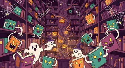 Spooky animated books and ghosts float around bookshelves adorned with pumpkins and cobwebs