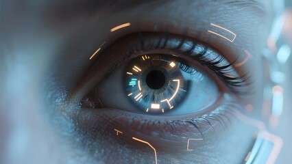 Close-up of a human eye with futuristic digital interface elements overlaying the iris