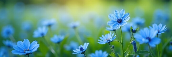 Vibrant blue flowers, close-up focus, field background, bloom, field