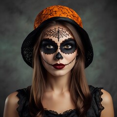  Beautiful young woman costume, painted face. Skull makeup.