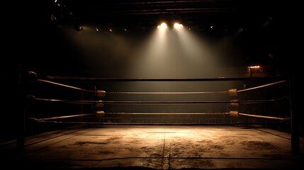 A dimly lit, empty wrestling ring with ropes, turnbuckles, and a mat, surrounded by darkness, spotlight shining down, awaiting the intense battle to come .