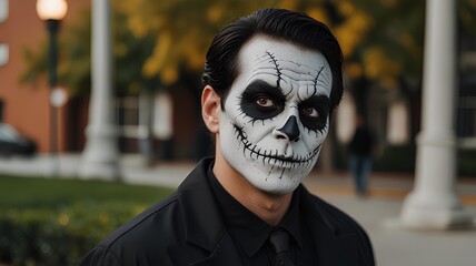 Man costume, painted face. Skull makeup. Halloween party.