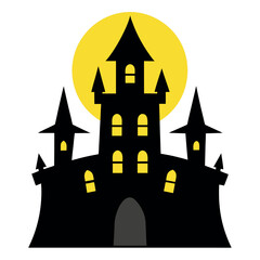 Spooky haunted castle with glowing windows and dark stone walls on a halloween night