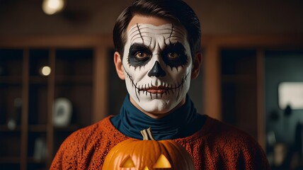 Man costume, painted face. Skull makeup. Halloween party.