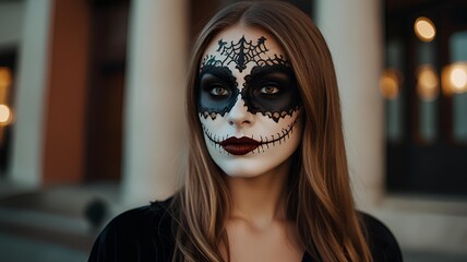  Beautiful young woman costume, painted face. Skull makeup. Halloween party, traditional Mexican carnival, Santa Muerte.