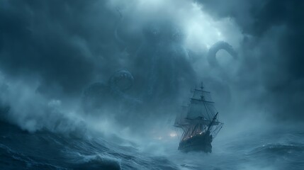 A giant kraken attacks a ship in a stormy sea. .