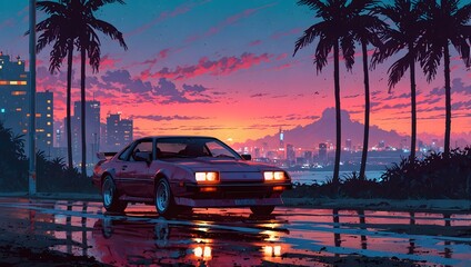 Retro Anime Style Car on Wet Road at Sunset in a Neon City