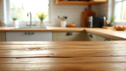 A natural wood table showcases subtle grain texture with a softly focused kitchen window in the background under morning light.