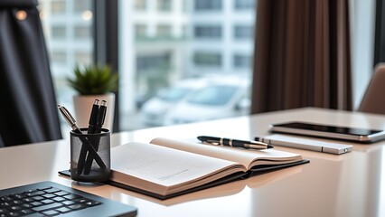 Modern workspace with an organized desk, open planner, and natural light creating a professional yet inviting atmosphere.