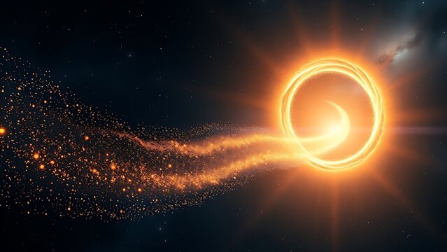 Ethereal interstellar comet with dual stardust tails traversing a wormhole-like portal.