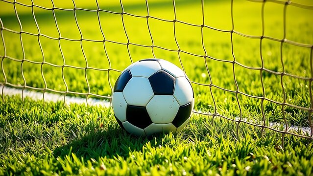 Soccer ball nestled in the net against a lush green field, capturing a moment of victory.