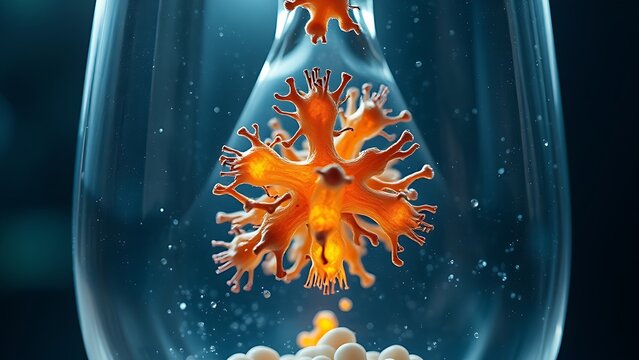 Translucent hourglass showing decaying cells transforming into glowing new structures, symbolizing cellular renewal.