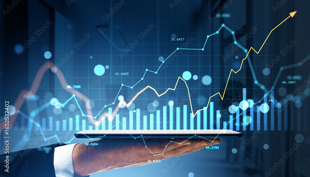 Poster financial market data analysis with rising stock and currency graphs displayed above a digital table