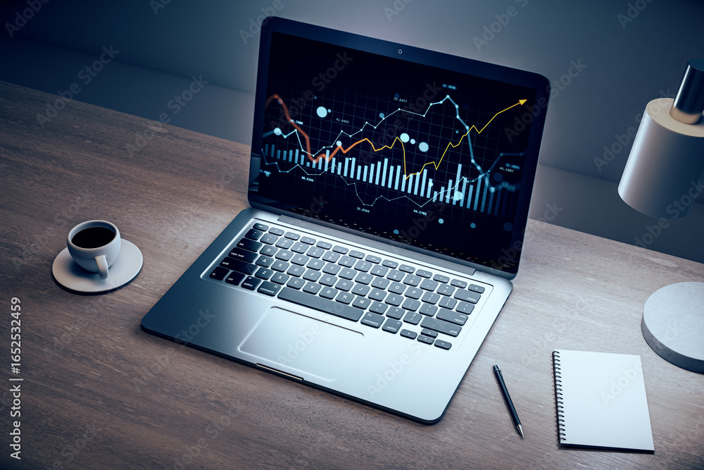 Aufkleber digital forex and stock market analysis chart on laptop screen with coffee and notebook on wooden of