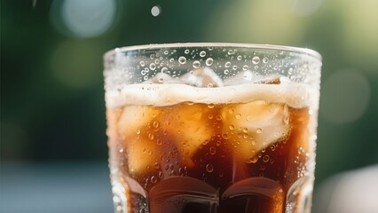 A refreshing glass of iced coffee with condensation and ice cubes, set against a blurred outdoor background.