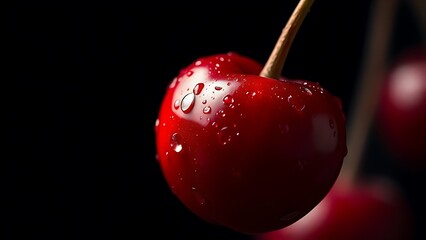 Close-up of ripe cherry with water droplets, highlighting vibrant color and freshness.
