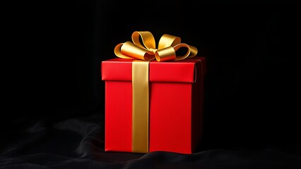 Luxurious red gift box with golden ribbon on a dark velvet background.