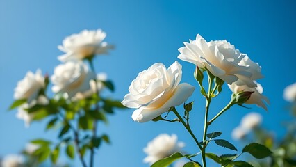 White roses in full bloom against a blue sky, bathed in soft sunlight that creates delicate shadows and a bokeh effect.