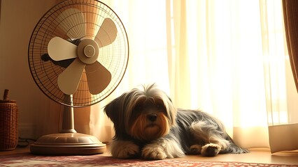 Tibetan terrier resting near a vintage floor fan, bathed in soft afternoon light for a cozy home feel.