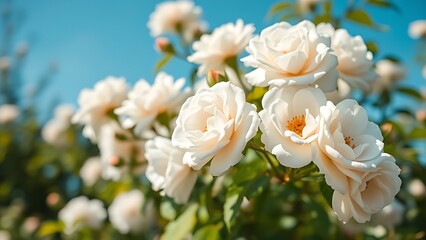 White bush roses against a blue sky, bright sunlight highlighting the flowers with gentle bokeh.