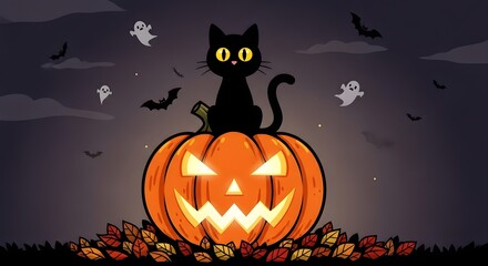 Black cat perched on a glowing jack o' lantern with flying bats and ghosts in a dark sky