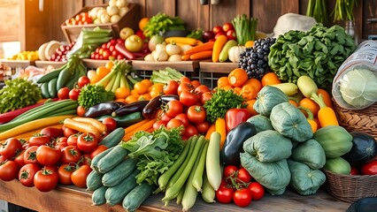 Colorful assortment of fresh vegetables neatly arranged on a rustic wooden market stall.