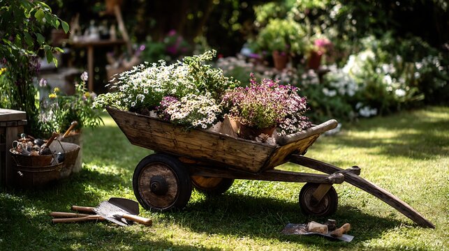 A rustic wooden wheelbarrow overflowing with freshly picked garden flowers and lush greenery amidst a sunny lawn with scattered gardening tools nearby. .