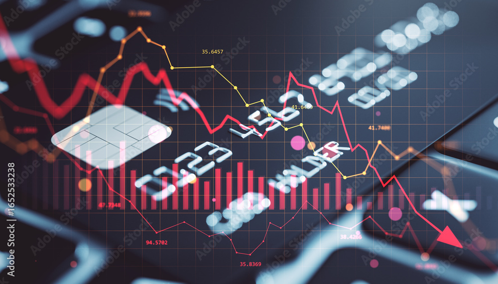 Poster credit card and financial market crash with red downward arrow and graphs over keyboard background s