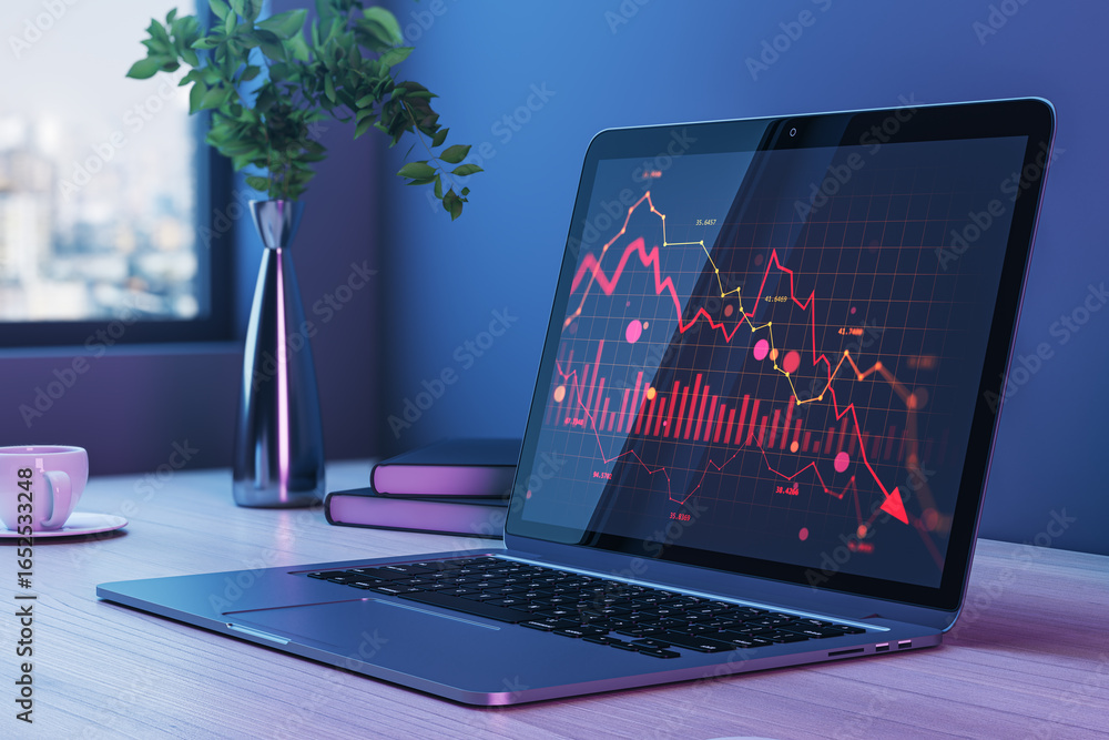 Poster red downward stock market chart on laptop screen showing financial crisis data in modern office with