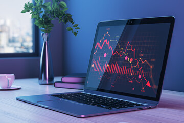 Red downward stock market chart on laptop screen showing financial crisis data in modern office...