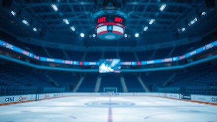 Empty ice rink with cold blue tones and blurred stadium seating.