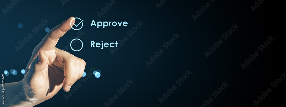 Poster hand selecting digital approve button on futuristic interface with glowing elements on dark backgrou