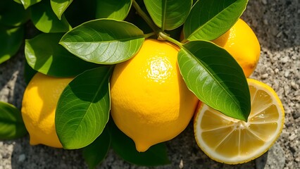Bright yellow lemon with green leaves on a stone surface, captured in natural daylight from above.
