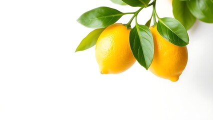 Vibrant yellow lemon with green leaves on a simple white background.
