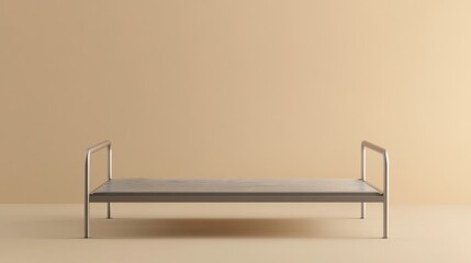 A minimalistic metal bed frame with slatted base on a beige background in a studio setting with soft light