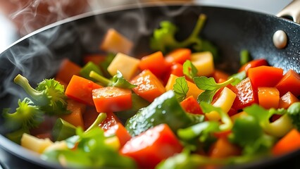Fresh vegetables sizzle in a pan, vibrant colors and rising steam captured in warm kitchen lighting.