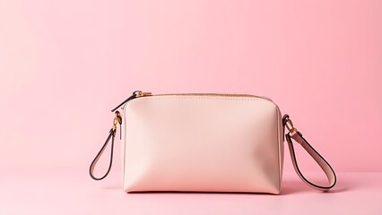 A stylish cosmetic bag with refined details, presented on a soft pink background for a clean aesthetic.