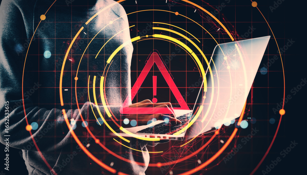 Poster cybersecurity warning sign with hacker using laptop and digital alert symbol on dark tech background