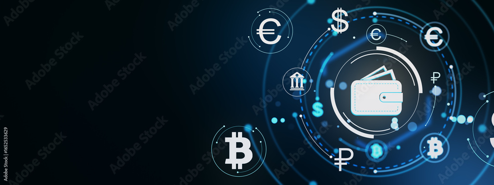 Poster digital wallet icon surrounded by cryptocurrency and global currency symbols on futuristic glowing n