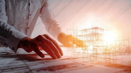 Architect's Vision: A skilled architect meticulously reviews architectural plans, a glowing visualization of a future building, embodying expertise and innovation. - Powered by Adobe