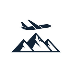 A simple illustration of an airplane flying over a mountain range against a white background scene