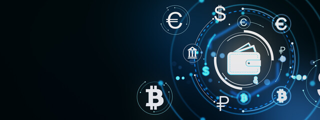 Digital wallet icon surrounded by cryptocurrency and global currency symbols on futuristic glowing network background for finance and blockchain concept. 3D Rendering